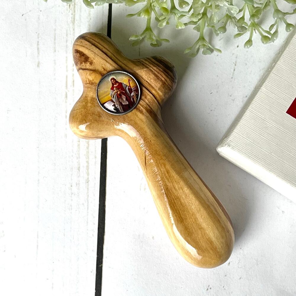 Good Shepherd Confirmation Olive Wood Holding Cross Handcrafted in Bethlehem